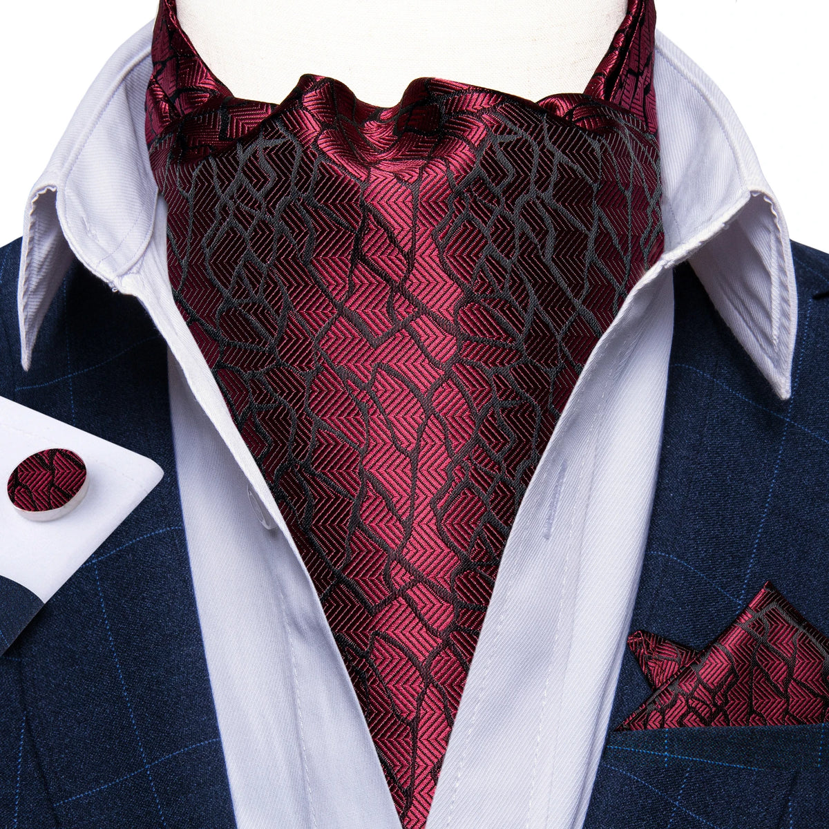 Free Shipping Men's Ascot Cravat Red Black Paisley Jacquard Hankie Cufflinks Tie Set
