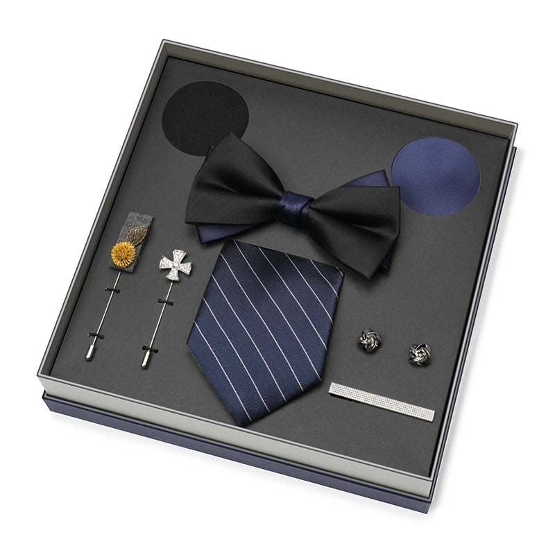 Hot Selling Luxury Men Silk Paisley Gold Necktie Bow Tie Cufflink and Handkerchief Gift Set With Gift Box