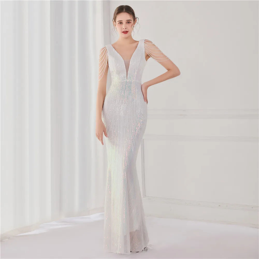 19127# Luxury Gowns for Women Evening Dresses Gradient Sequin V-neck Sleeveless Slim Mermaid Wedding Dress Ceremony Prom Dresses