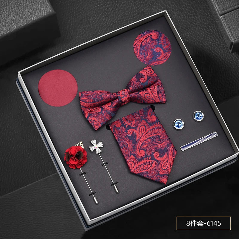 Hot Selling Luxury Men Silk Paisley Gold Necktie Bow Tie Cufflink and Handkerchief Gift Set With Gift Box