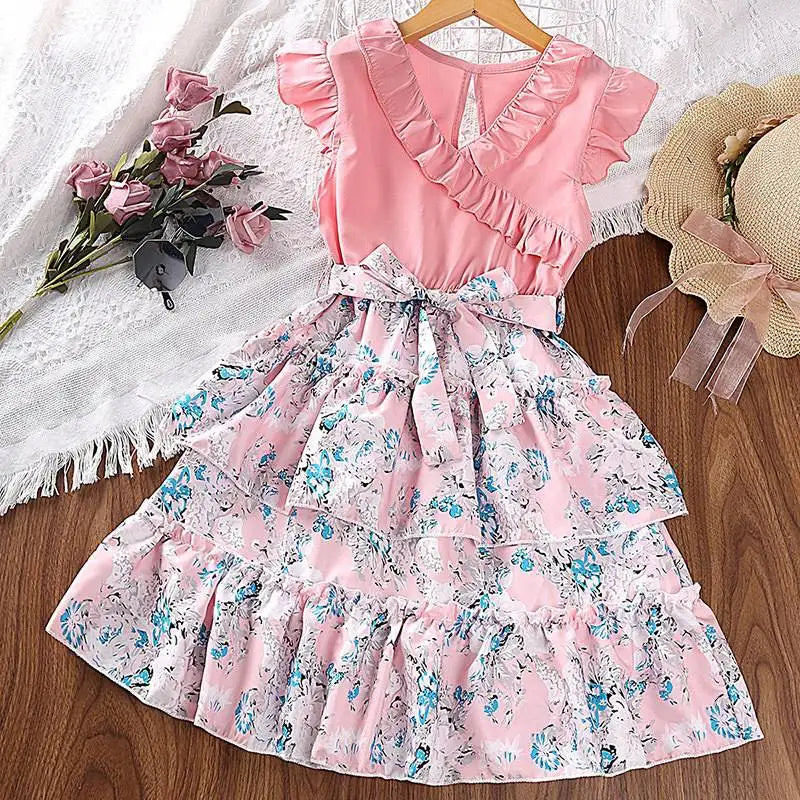 Girls' Dresses 7-12 Years Summer Sleeveless Baby Clothes Printed Flowers Ruffles Kids Clothing Girl Dress