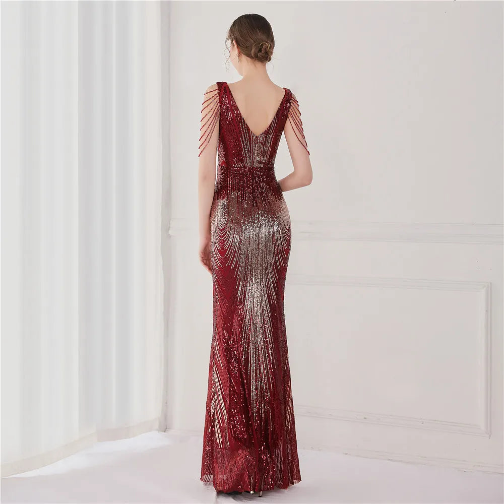 19127# Luxury Gowns for Women Evening Dresses Gradient Sequin V-neck Sleeveless Slim Mermaid Wedding Dress Ceremony Prom Dresses