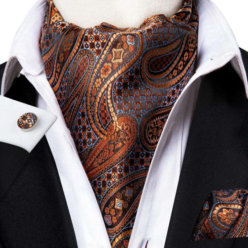 Free Shipping Men's Ascot Cravat Red Black Paisley Jacquard Hankie Cufflinks Tie Set