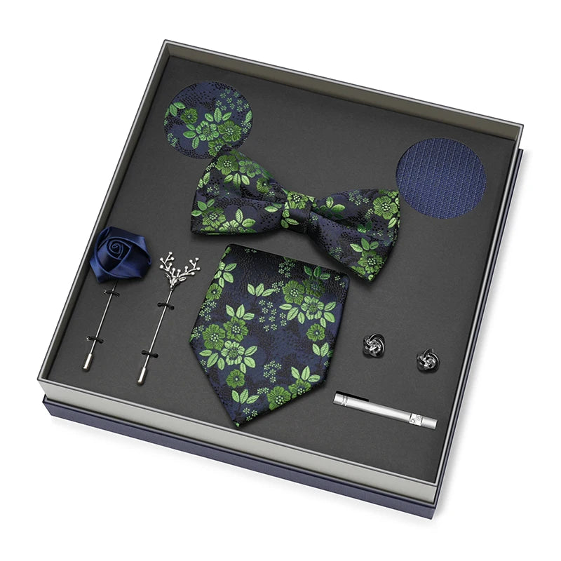 Hot Selling Luxury Men Silk Paisley Gold Necktie Bow Tie Cufflink and Handkerchief Gift Set With Gift Box