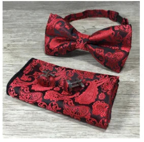 Paisley Floral Men Woven Silk Wedding Self Bow Tie Handkerchief Set and Cufflink