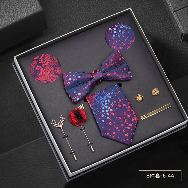 Hot Selling Luxury Men Silk Paisley Gold Necktie Bow Tie Cufflink and Handkerchief Gift Set With Gift Box