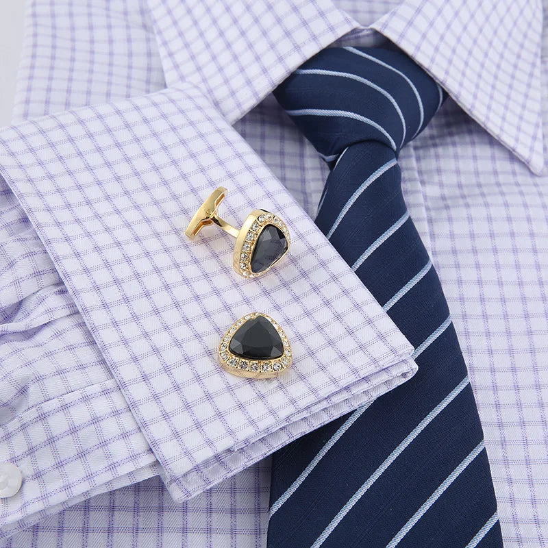 Golden Brass Black Crystal Rhinestone Cufflinks Triangle Diamonds Suits Accessories Cufflinks