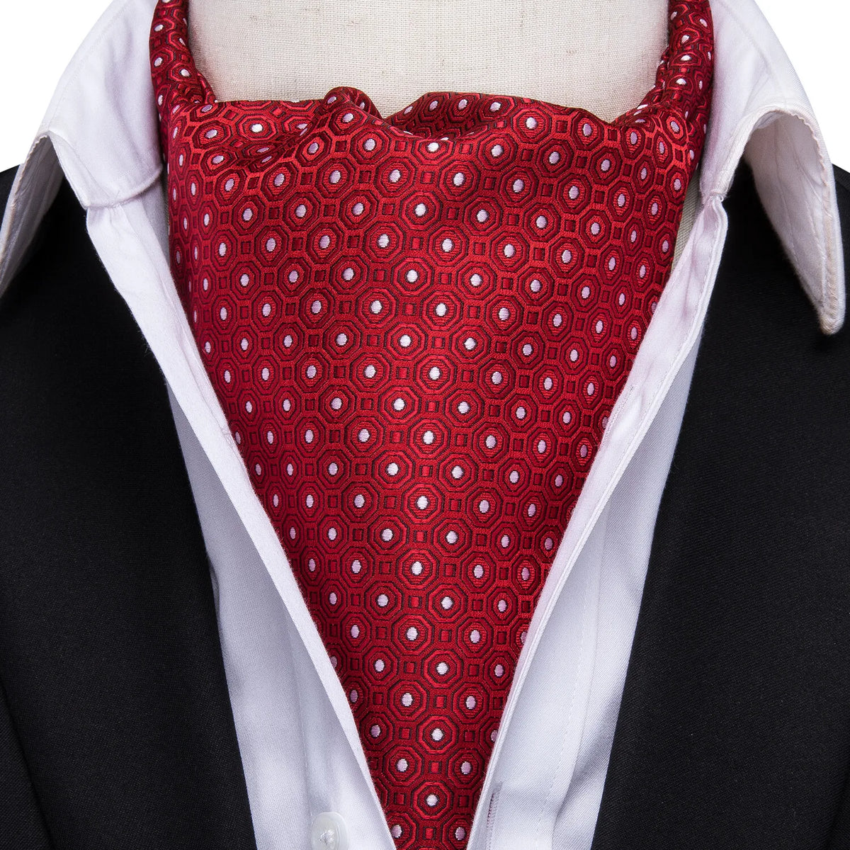 Free Shipping Men's Ascot Cravat Red Black Paisley Jacquard Hankie Cufflinks Tie Set