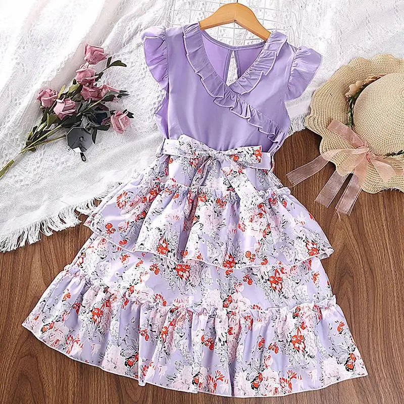 Girls' Dresses 7-12 Years Summer Sleeveless Baby Clothes Printed Flowers Ruffles Kids Clothing Girl Dress