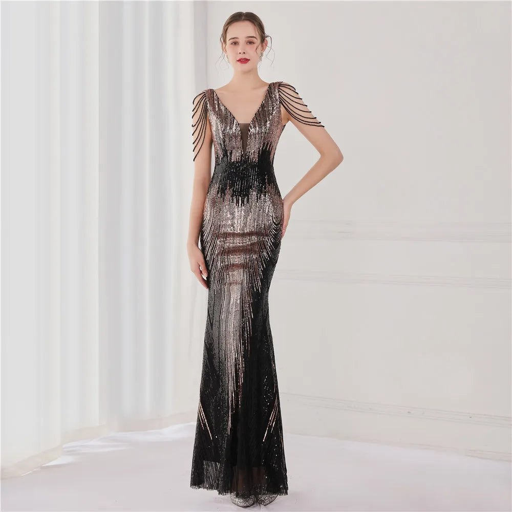 19127# Luxury Gowns for Women Evening Dresses Gradient Sequin V-neck Sleeveless Slim Mermaid Wedding Dress Ceremony Prom Dresses