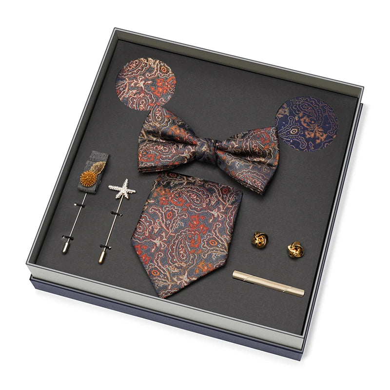 Hot Selling Luxury Men Silk Paisley Gold Necktie Bow Tie Cufflink and Handkerchief Gift Set With Gift Box