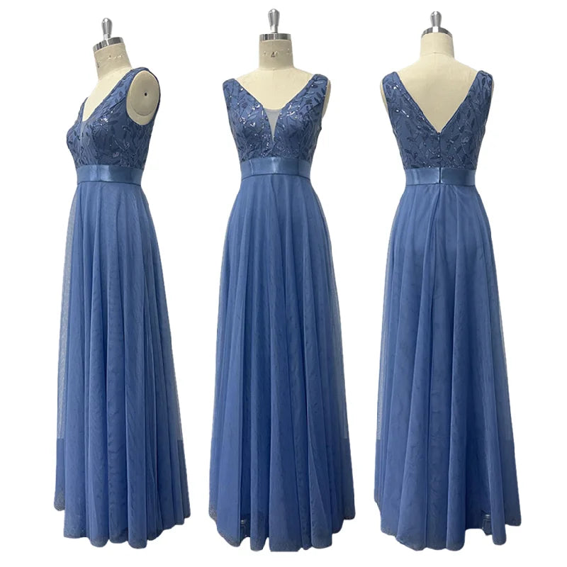 TW00075 Trendy Bridesmaid Dresses Sleeveless V-Neck Elegant A-line Long Party Evening Dresses 2024 Tulle Embroidery Prom Dresses