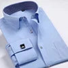 Men's Korean Style Polyester Cotton Slim Fit Business Formal Shirt Single Breasted Anti-Pilling French Cufflinks Hidden Buttons