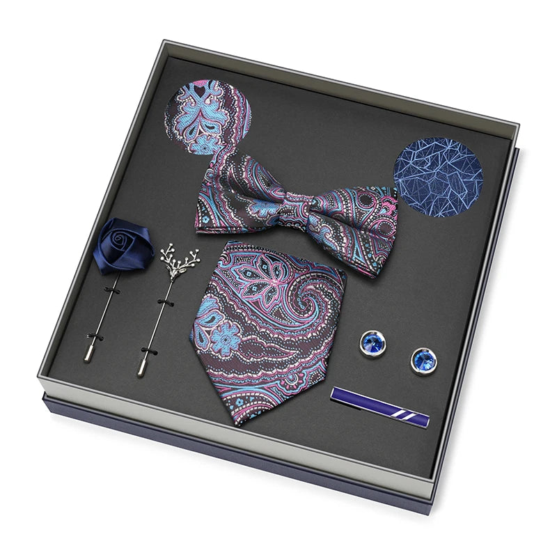 Hot Selling Luxury Men Silk Paisley Gold Necktie Bow Tie Cufflink and Handkerchief Gift Set With Gift Box