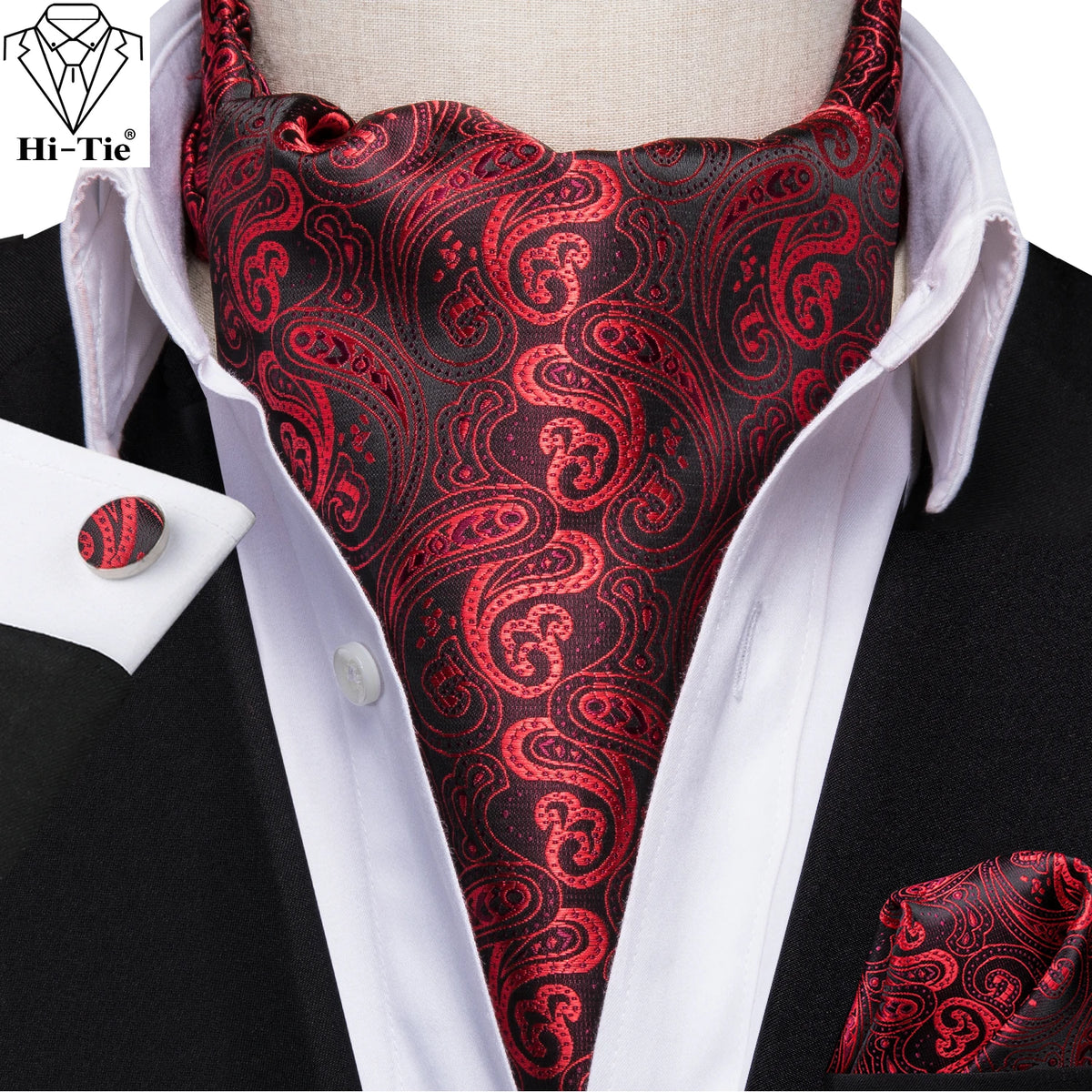 Free Shipping Men's Ascot Cravat Red Black Paisley Jacquard Hankie Cufflinks Tie Set