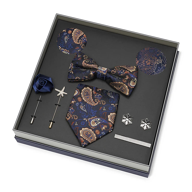 Hot Selling Luxury Men Silk Paisley Gold Necktie Bow Tie Cufflink and Handkerchief Gift Set With Gift Box