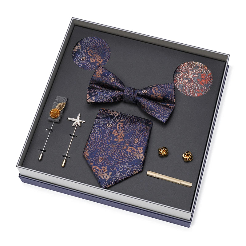 Hot Selling Luxury Men Silk Paisley Gold Necktie Bow Tie Cufflink and Handkerchief Gift Set With Gift Box