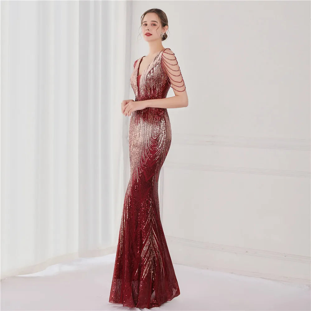 19127# Luxury Gowns for Women Evening Dresses Gradient Sequin V-neck Sleeveless Slim Mermaid Wedding Dress Ceremony Prom Dresses