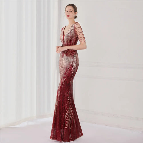 19127# Luxury Gowns for Women Evening Dresses Gradient Sequin V-neck Sleeveless Slim Mermaid Wedding Dress Ceremony Prom Dresses