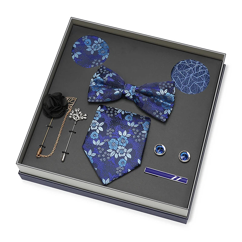 Hot Selling Luxury Men Silk Paisley Gold Necktie Bow Tie Cufflink and Handkerchief Gift Set With Gift Box