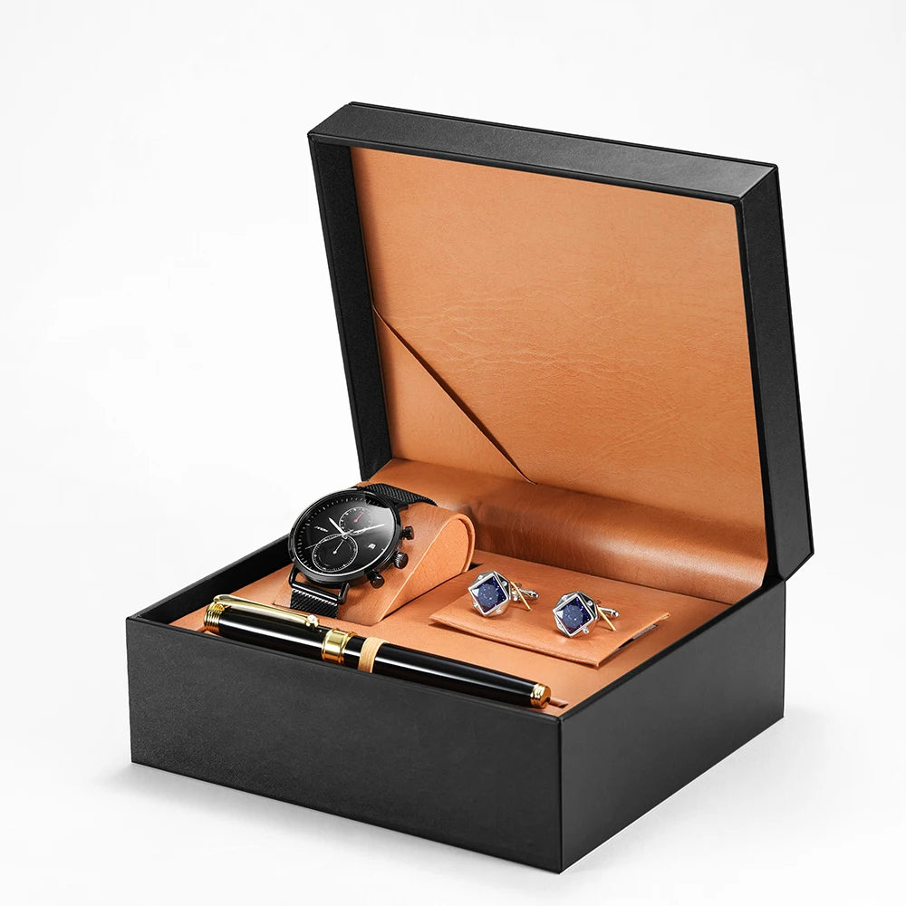 SINOBI Wholesale Exquisite Quality Watch Gift Business Gift Cufflinks Fountain Pen Suit  Quartz Men's Watches Set