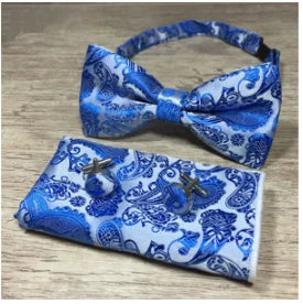 Paisley Floral Men Woven Silk Wedding Self Bow Tie Handkerchief Set and Cufflink