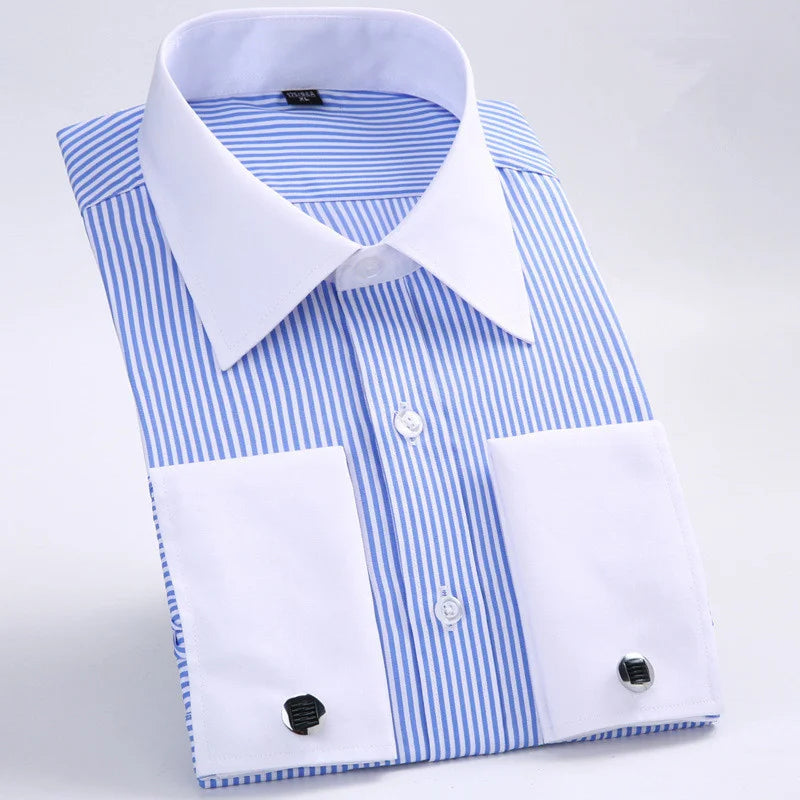 Men's Korean Style Polyester Cotton Slim Fit Business Formal Shirt Single Breasted Anti-Pilling French Cufflinks Hidden Buttons