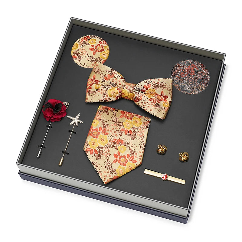 Hot Selling Luxury Men Silk Paisley Gold Necktie Bow Tie Cufflink and Handkerchief Gift Set With Gift Box