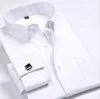 Men's Korean Style Polyester Cotton Slim Fit Business Formal Shirt Single Breasted Anti-Pilling French Cufflinks Hidden Buttons