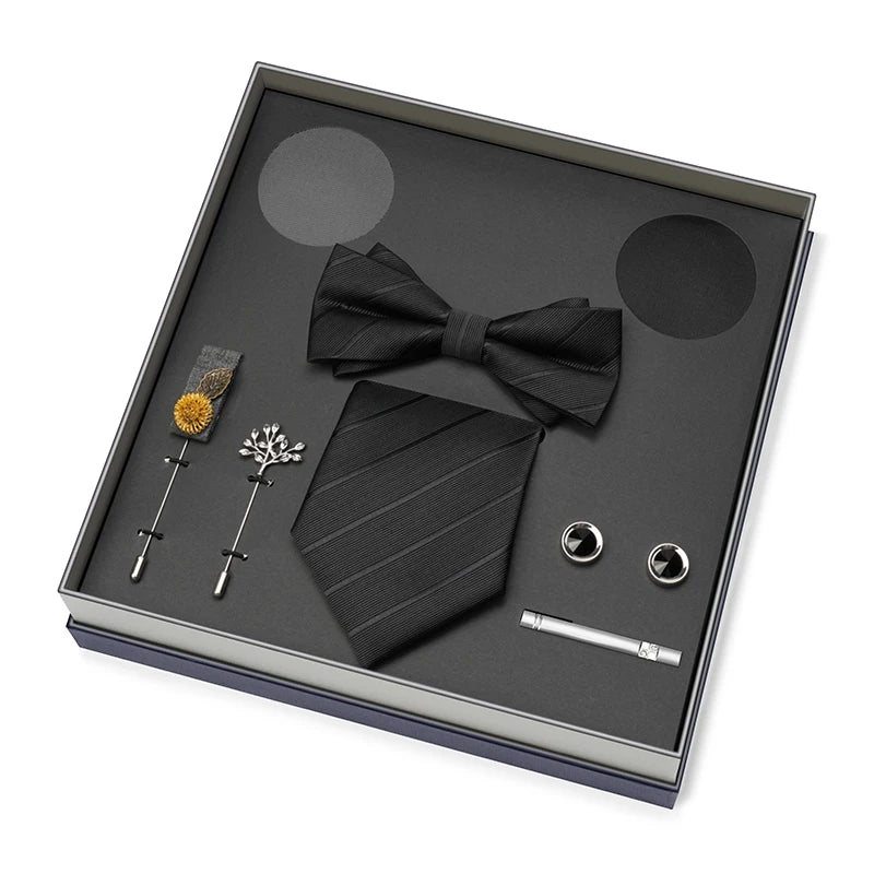 Hot Selling Luxury Men Silk Paisley Gold Necktie Bow Tie Cufflink and Handkerchief Gift Set With Gift Box