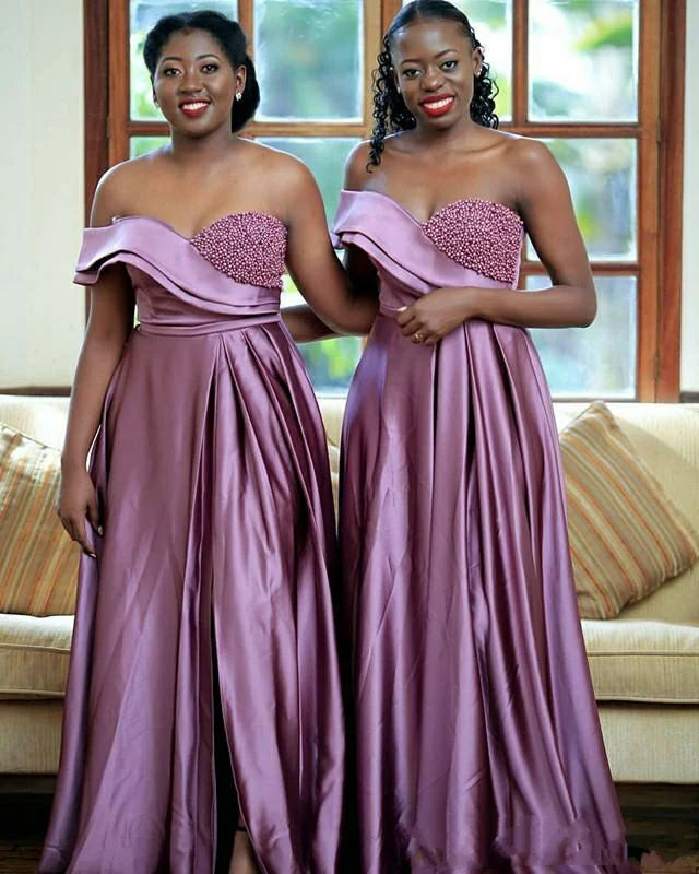 Morili Plus Size a Line African Prom Dresses Wedding Guest Dresses Beaded Pearls Women Formal Purple Bridesmaid Dresses MB511