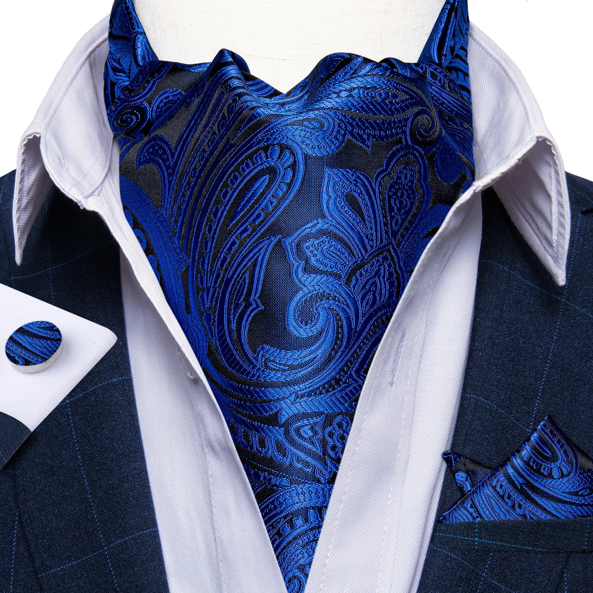 Free Shipping Men's Ascot Cravat Red Black Paisley Jacquard Hankie Cufflinks Tie Set