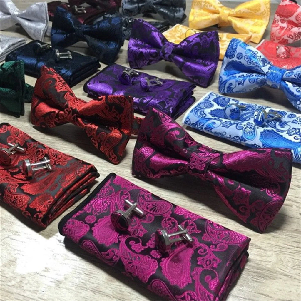 Paisley Floral Men Woven Silk Wedding Self Bow Tie Handkerchief Set and Cufflink