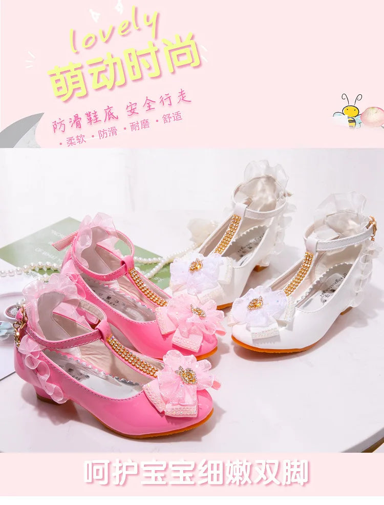 Prinsessen School Shoes Fashion Kids Flower Crystal Girls Shoes for Party and Wedding Children'S Leather Shoes Dance High-Heeled