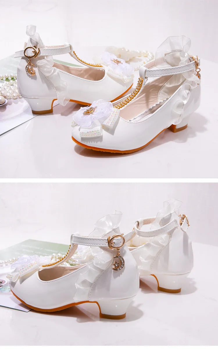Prinsessen School Shoes Fashion Kids Flower Crystal Girls Shoes for Party and Wedding Children'S Leather Shoes Dance High-Heeled