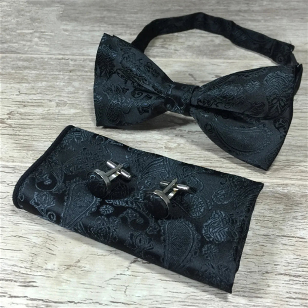 Paisley Floral Men Woven Silk Wedding Self Bow Tie Handkerchief Set and Cufflink