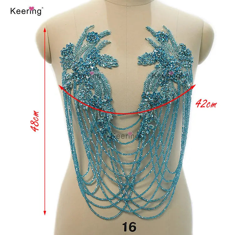 WDP-297 Keering Pink Flower Rhinestone Appliques Elegant Rhinestone Fringe Shoulder Patch for Prom Dresses