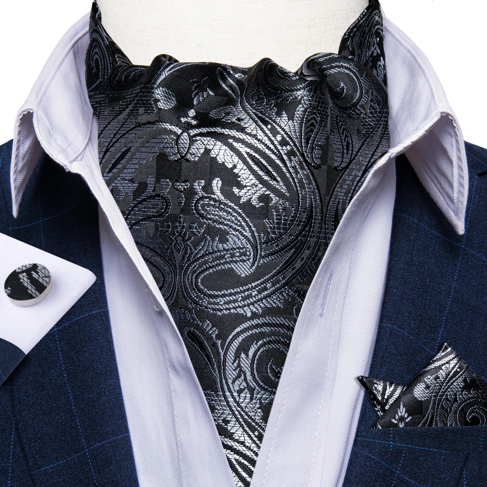 Free Shipping Men's Ascot Cravat Red Black Paisley Jacquard Hankie Cufflinks Tie Set