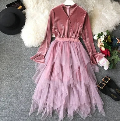 Harajuku Style Velvet Mesh Patchwork Elegant Women Spring Dress Korean Sweet Young Girls Dresses Club Party Wear