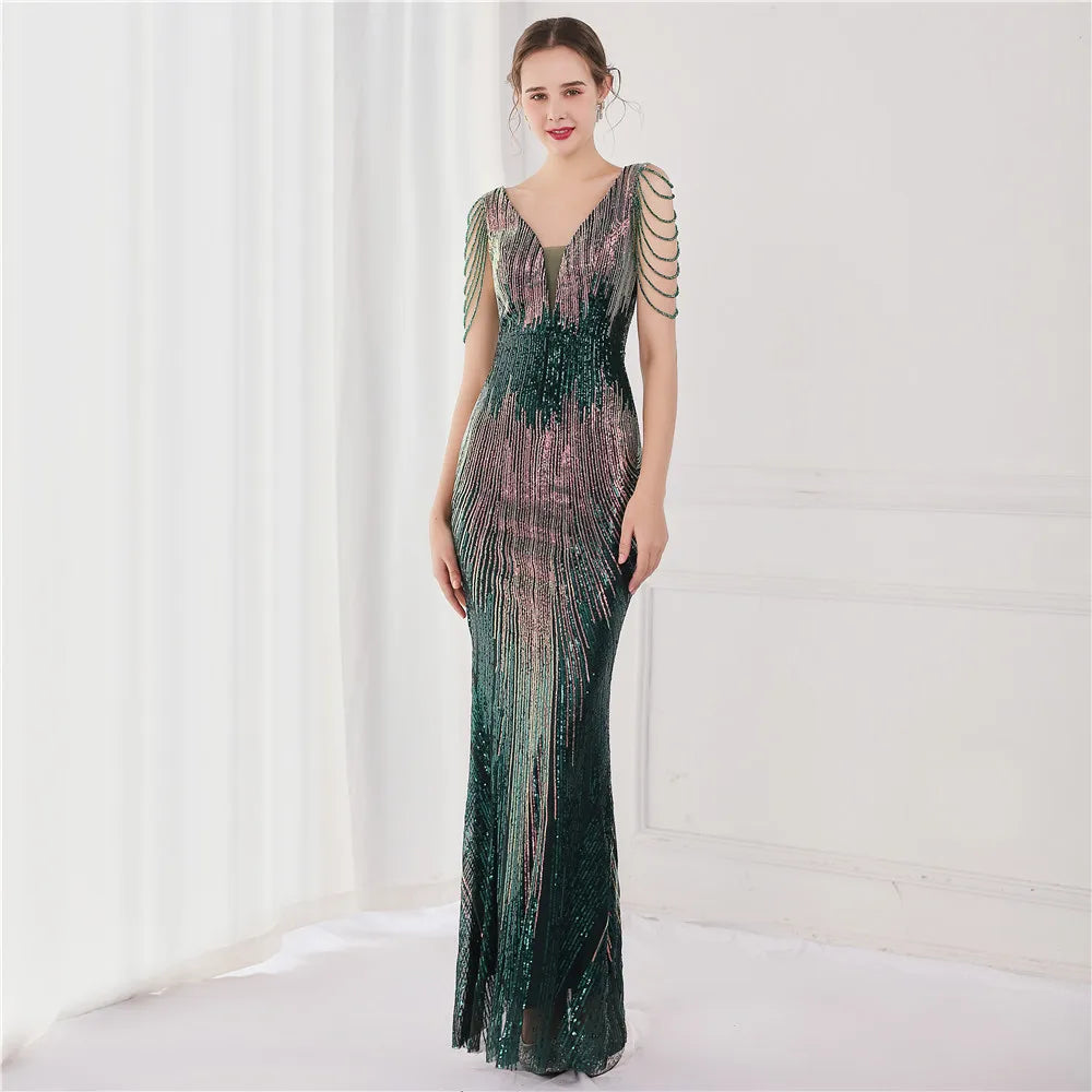19127# Luxury Gowns for Women Evening Dresses Gradient Sequin V-neck Sleeveless Slim Mermaid Wedding Dress Ceremony Prom Dresses