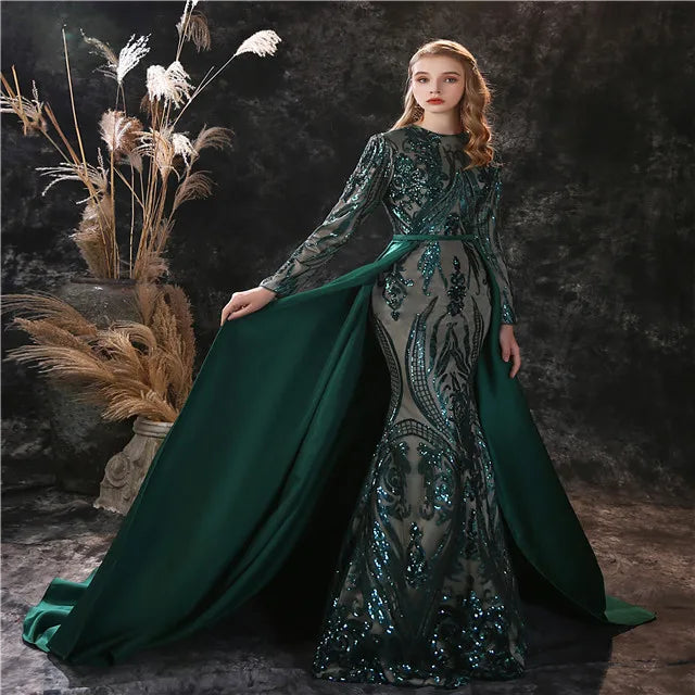 2023 Evening Dresses Hot Sale Africa Women Stain Detachable Tail Sequin Evening Dress Prom Long Sleeve Prom Dresses Sequins