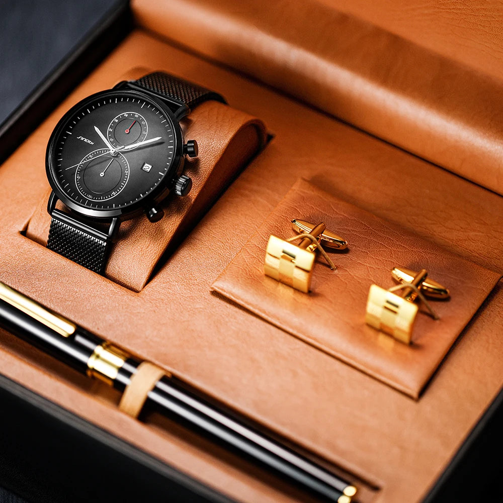 SINOBI Wholesale Exquisite Quality Watch Gift Business Gift Cufflinks Fountain Pen Suit  Quartz Men's Watches Set
