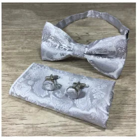 Paisley Floral Men Woven Silk Wedding Self Bow Tie Handkerchief Set and Cufflink