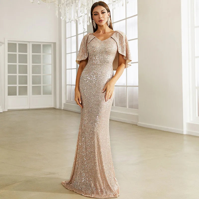 Long Style Sequin V-neck Package Buttocks Maxi Mermaid Evening Prom Dresses