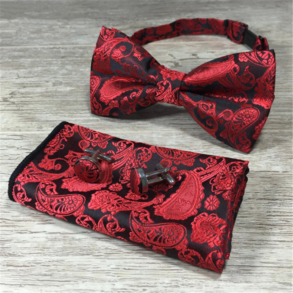 Paisley Floral Men Woven Silk Wedding Self Bow Tie Handkerchief Set and Cufflink