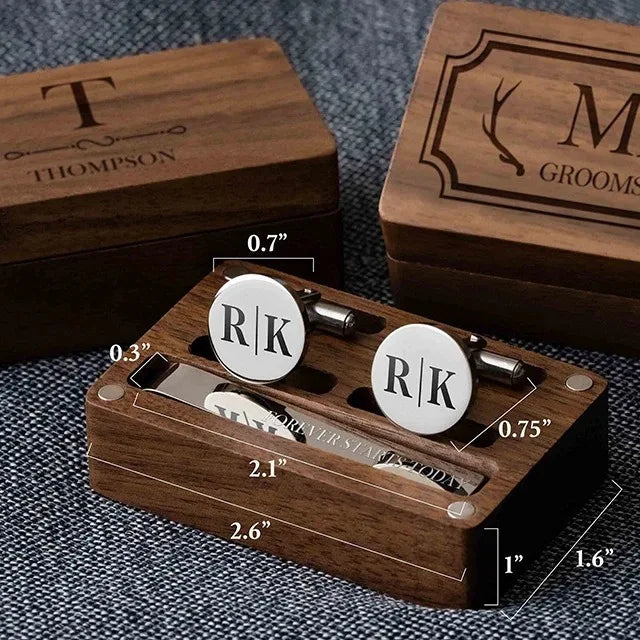Personalized Name Cufflinks in Wooden Box Groomsmen Gifts and Bachelor Party Gift for Dad for Wedding or Engagement