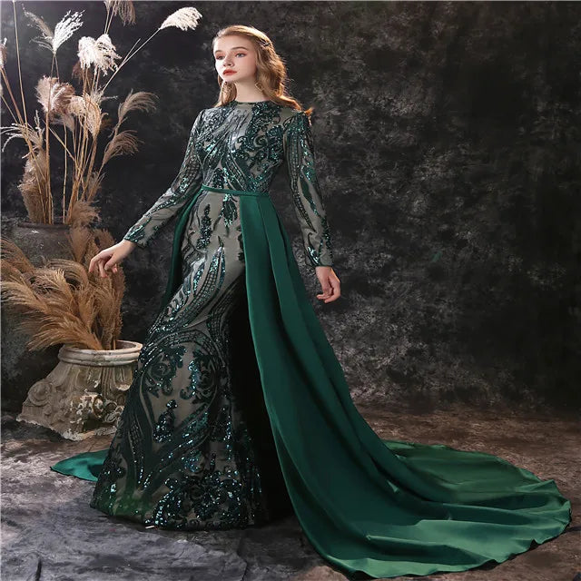 2023 Evening Dresses Hot Sale Africa Women Stain Detachable Tail Sequin Evening Dress Prom Long Sleeve Prom Dresses Sequins