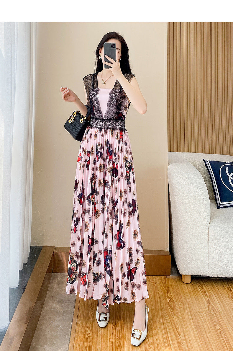 New French Style Floral Dress Summer Women's Slimming Lace Stitching Pleated Long Dress Printed Chiffon Dress Trendy