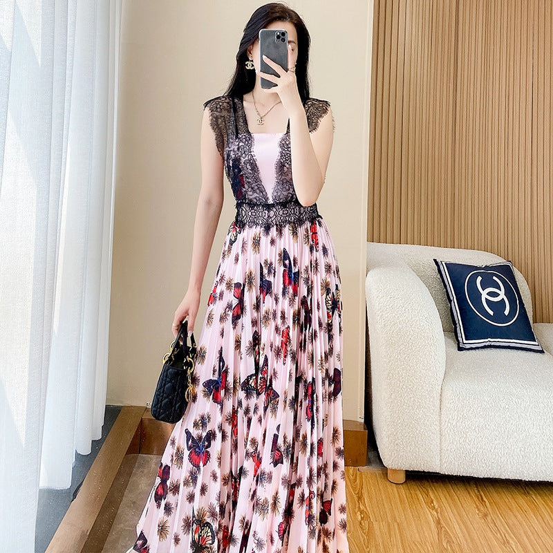 New French Style Floral Dress Summer Women's Slimming Lace Stitching Pleated Long Dress Printed Chiffon Dress Trendy