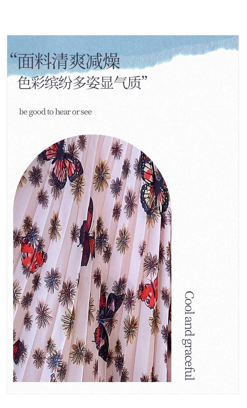 New French Style Floral Dress Summer Women's Slimming Lace Stitching Pleated Long Dress Printed Chiffon Dress Trendy